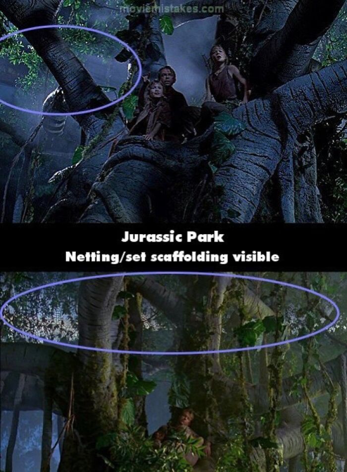 Funny movie mistakes in Jurassic Park, with visible set netting and scaffolding circled in the jungle scene.