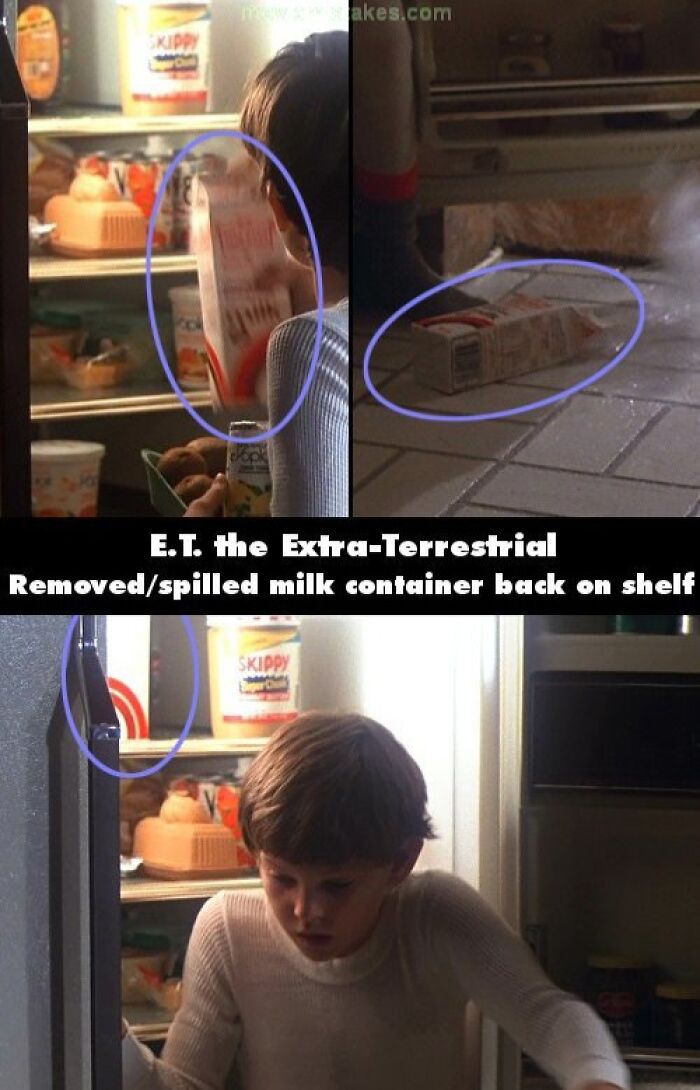 Funny-Movie-Mistakes: A milk carton appears on the shelf after it is shown spilling on the floor in E.T.