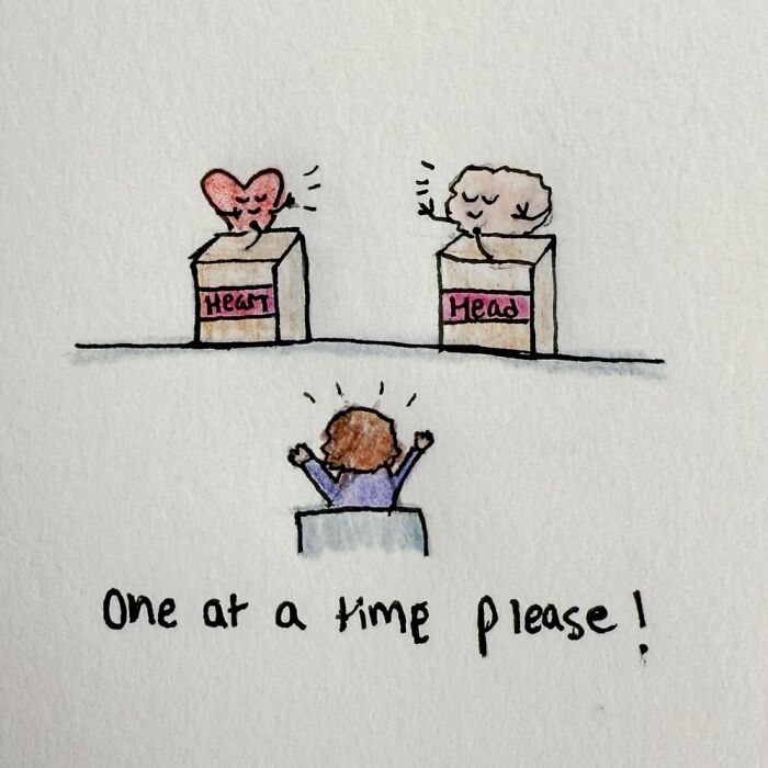 A hand-drawn illustration showing a person between a heart and brain, titled "One at a time please," by Sophia.