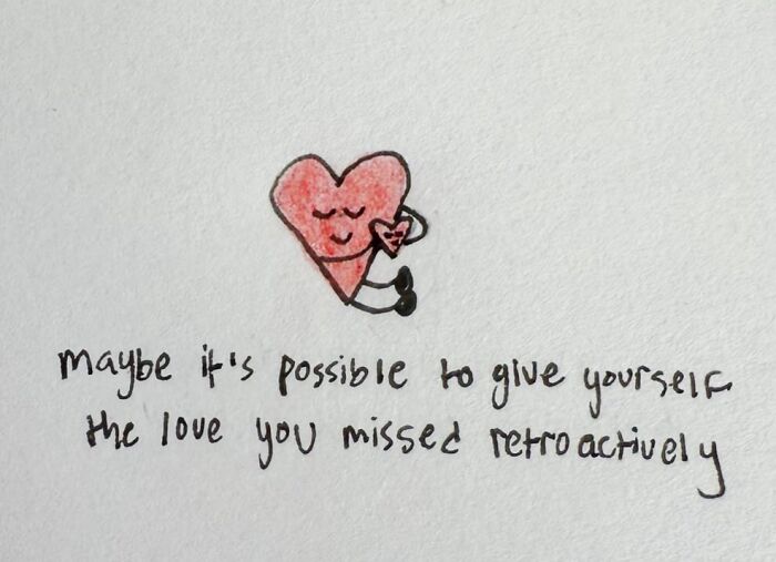 Hand-drawn heart hugging itself with text about self-love, highlighting the human experience as messy but acceptable.