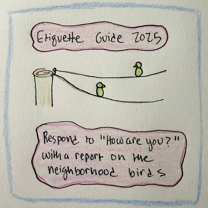 Hand-drawn cartoon of birds on a wire with text: Etiquette Guide 2025, highlighting being human is messy.