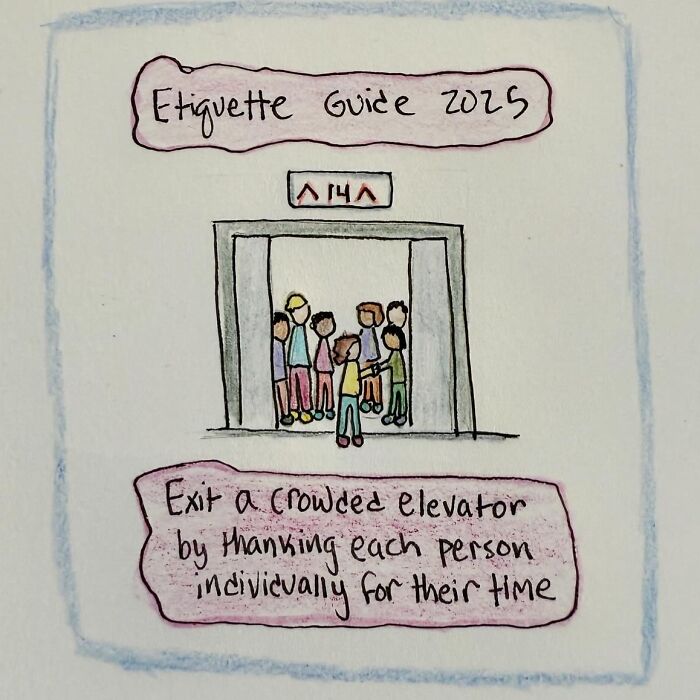 Hand-drawn reminder about human etiquette in a crowded elevator, emphasizing kindness and gratitude.