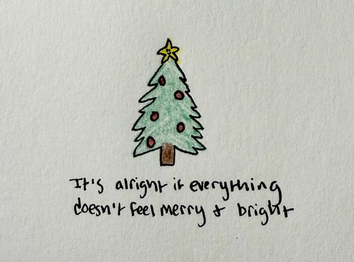 Hand-drawn Christmas tree with a message about accepting life's messiness by Sophia.