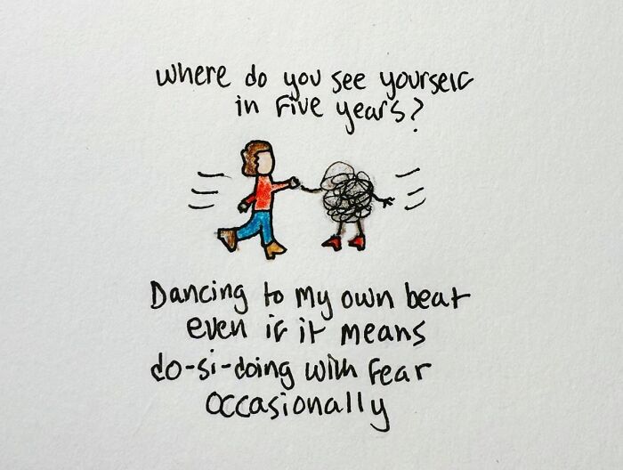 Hand-drawn illustration depicting the messy journey of being human, with a person dancing with a scribbled figure.