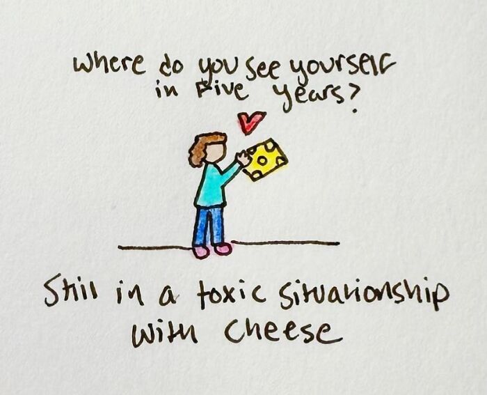 "Hand-drawn cartoon shows person in love with cheese, highlighting human messiness."