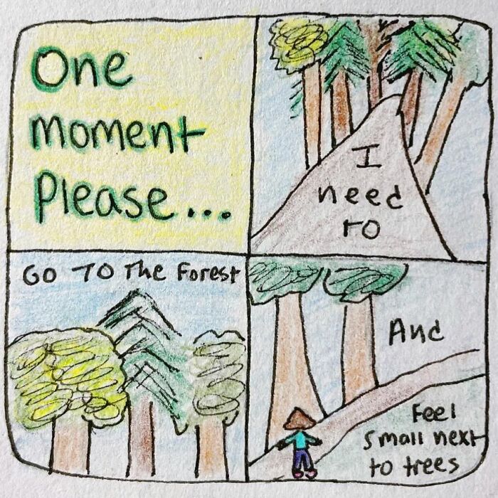 Hand-drawn comic about the messy human experience, featuring a person in a forest for contemplation.