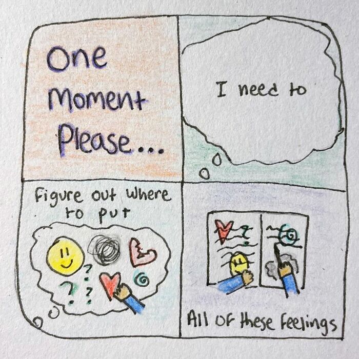 Hand-drawn comic about dealing with emotions, illustrating messy aspects of being human by Sophia.