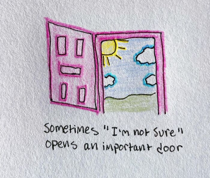 Hand-drawn illustration of a door opening to a sunny scene, with the phrase "Sometimes 'I'm not sure' opens an important door."