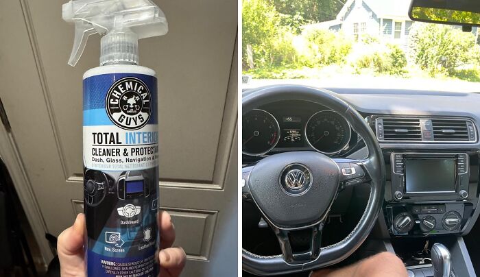 Car interior cleaner held up, beside a Volkswagen dashboard view through windshield.