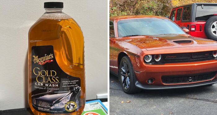 Car items: Meguiar's car wash shampoo next to an orange car and a red Jeep in a parking lot.