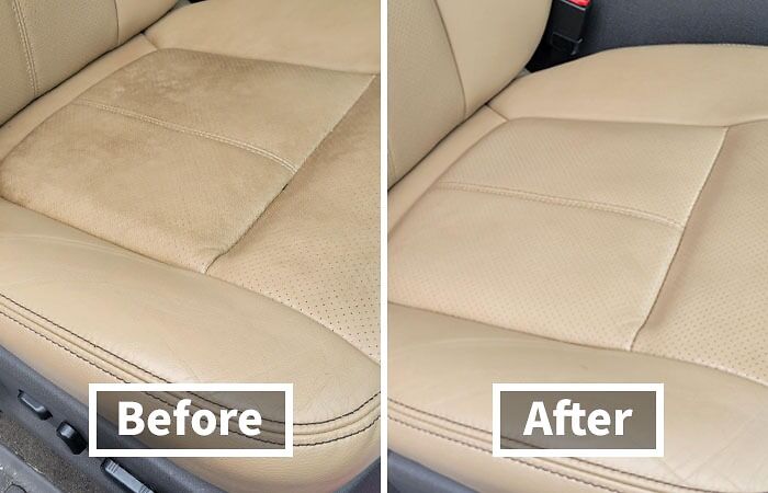 "Car seat cleaner effectiveness shown with before and after comparison on tan leather upholstery."