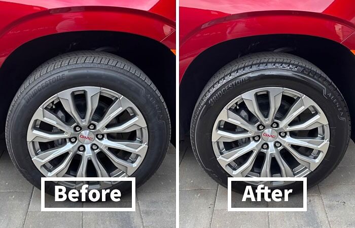 "Car tire before and after cleaning, showcasing noticeable shine and detail improvement."