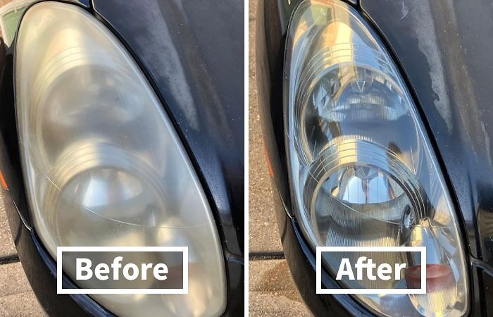 Car headlight restoration shown in before and after images, highlighting lesser-known car care items.