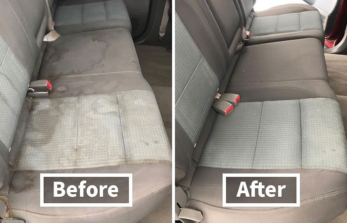 "Car seat cleaning comparison, showcasing a stained seat before and a spotless seat after cleaning."