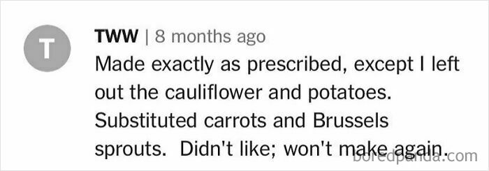 Comment discussing unhinged cooking attempt with substitutions, expressing dissatisfaction with the results.