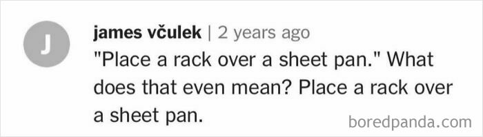 Confused comment about placing a rack over a sheet pan in a cooking recipe.