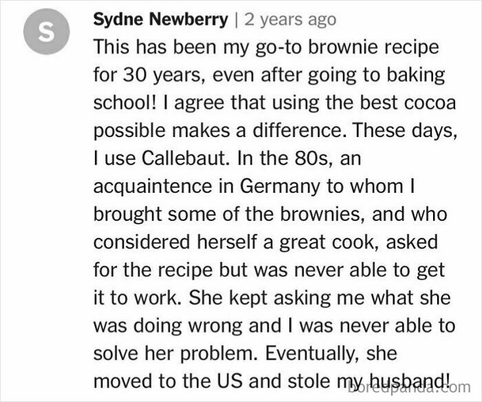 Comment detailing a brownie recipe saga, highlighting unhinged cooking experiences and ending with a humorous twist.