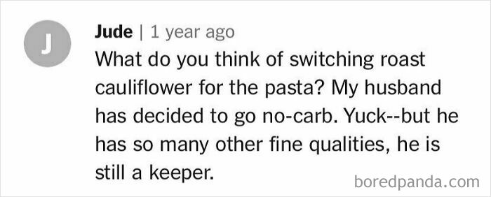 Comment discussing a recipe suggestion to use roast cauliflower instead of pasta in a no-carb diet.