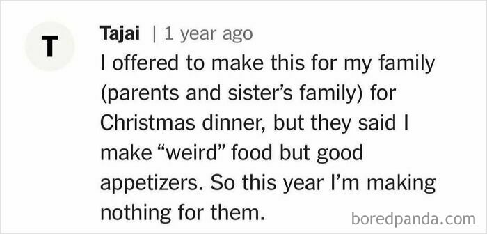 Comment discussing unhinged cooking and recipe opinions about making weird food for Christmas.