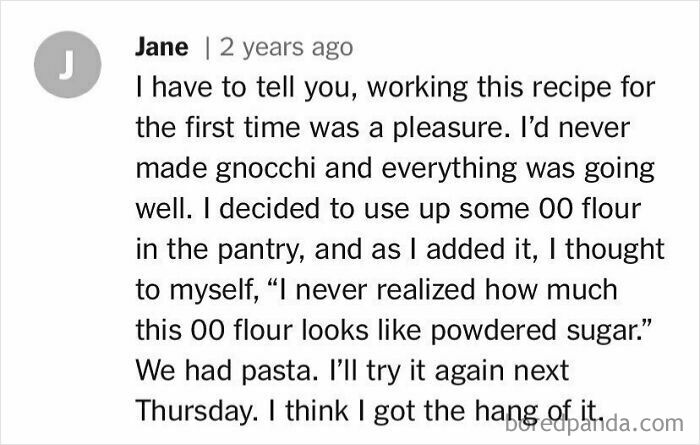 User comment discussing experience with a recipe, highlighting confusion between 00 flour and powdered sugar.