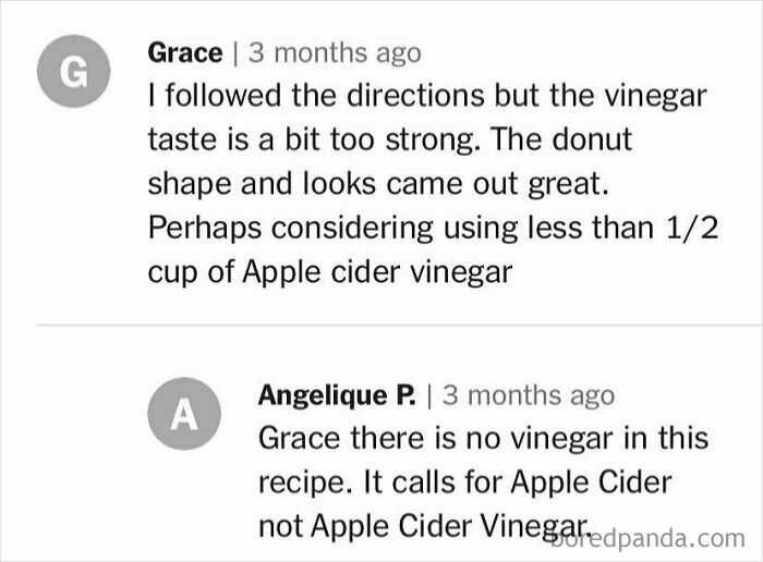 Recipe comments about using apple cider vinegar instead of apple cider, highlighting a cooking mistake.