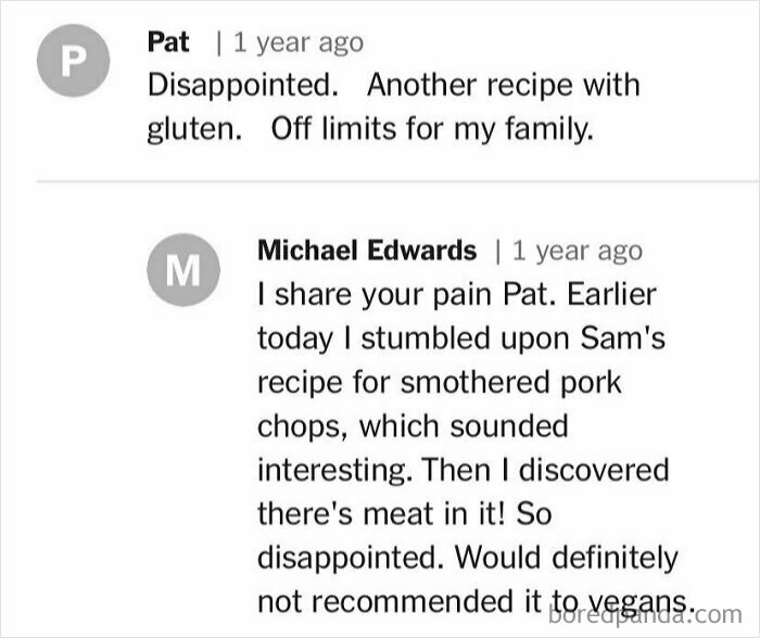 Comments expressing disappointment over cooking recipes containing gluten and meat.