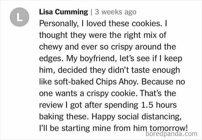 Humorous recipe comment about cookie texture preferences and relationship dynamics.