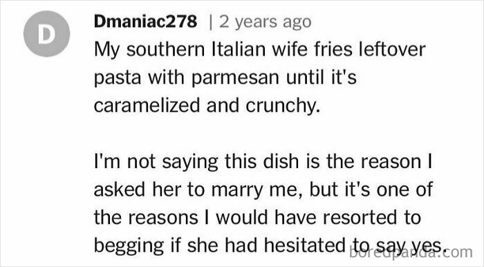 A comment about frying leftover pasta with parmesan to make it caramelized, part of unhinged cooking and recipe comments.