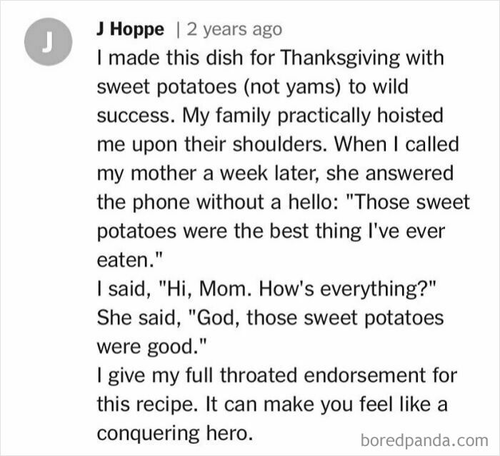 User comment praising a thanksgiving sweet potato recipe, highlighting family approval and success.