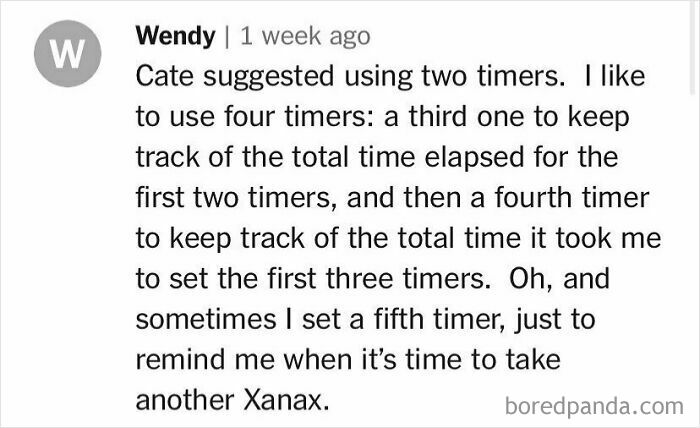 Comment about unhinged cooking advice using multiple timers for recipe timing.