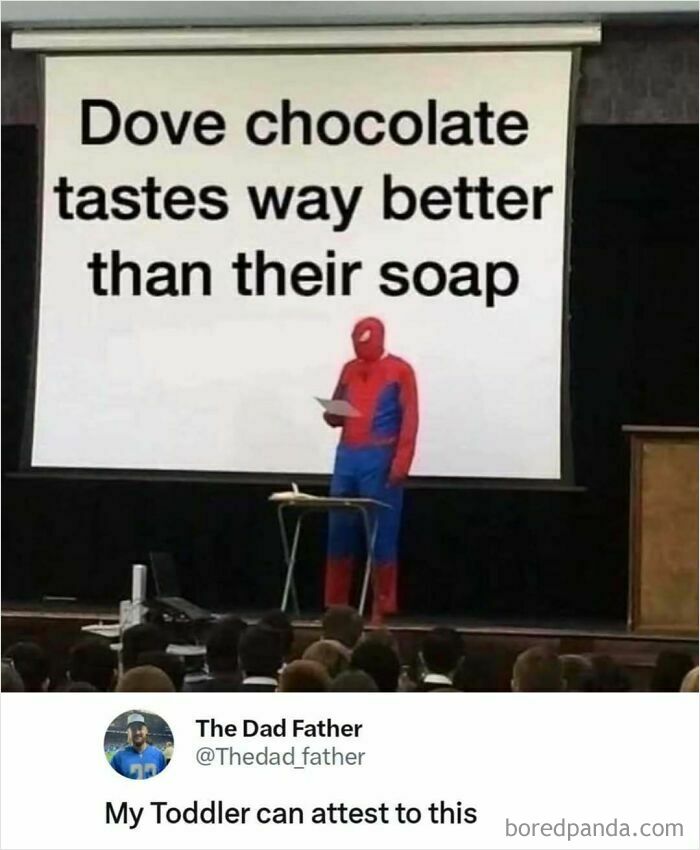 Spider-Man presenting dad memes on stage, screen reads "Dove chocolate tastes way better than their soap."