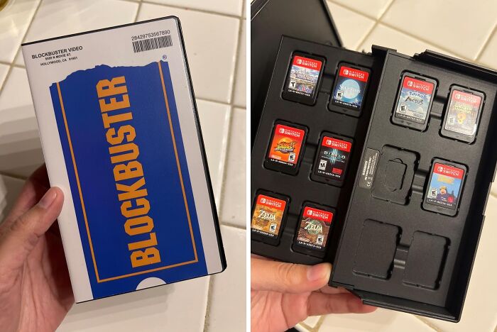 "Retro Fever: Blockbuster-style box containing Switch game cartridges on a tiled surface."