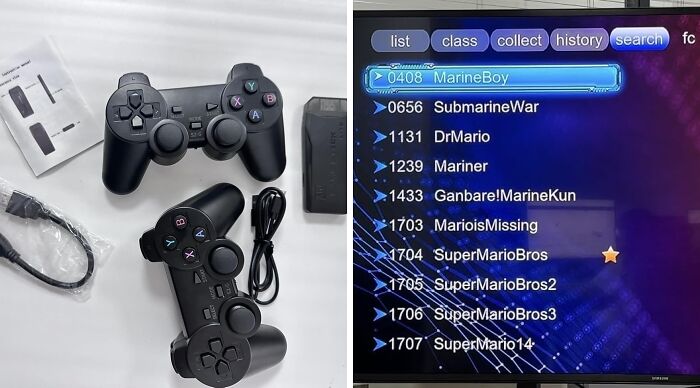 Retro Fever: Two classic gaming controllers with a game menu screen displaying titles like Super Mario Bros.
