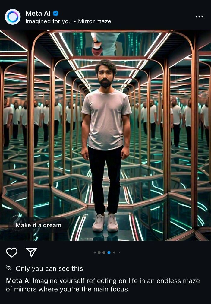 Person standing in a mirror maze, creating a surreal and dystopian reflection effect.