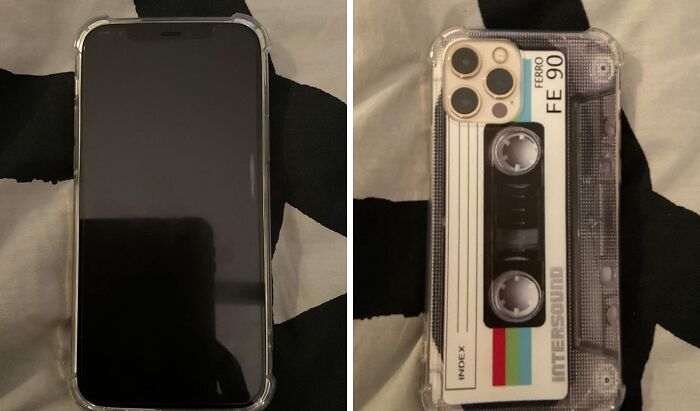 Smartphone with cassette tape case design, emphasizing retro fever, on a black and white background.