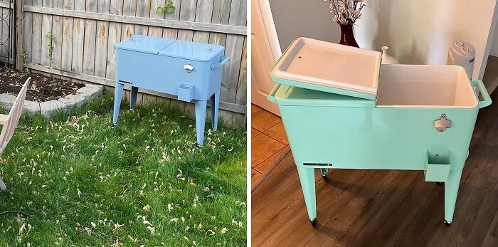 Retro fever ice chests in blue and teal, showcasing a vintage design outdoors and indoors.