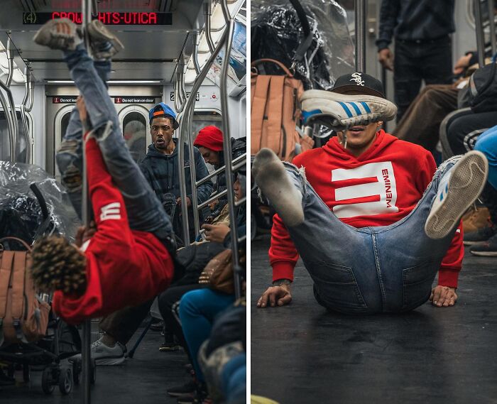 Funny subway passenger flips upside down in a red hoodie, entertaining fellow train riders.