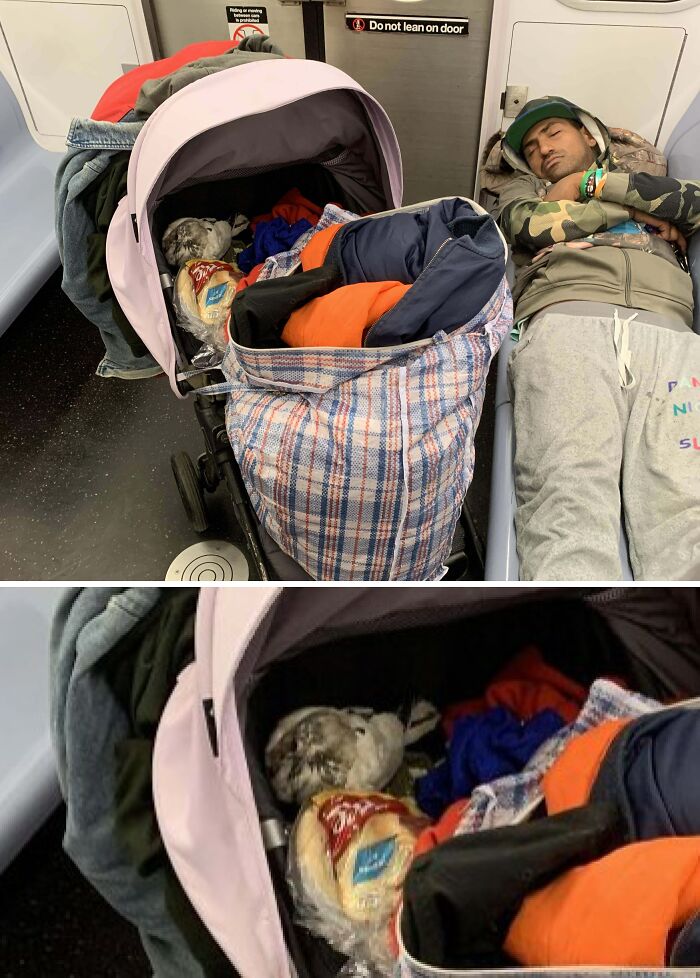 Sleeping subway passenger beside a stroller filled with bags, creating a funny train scene.