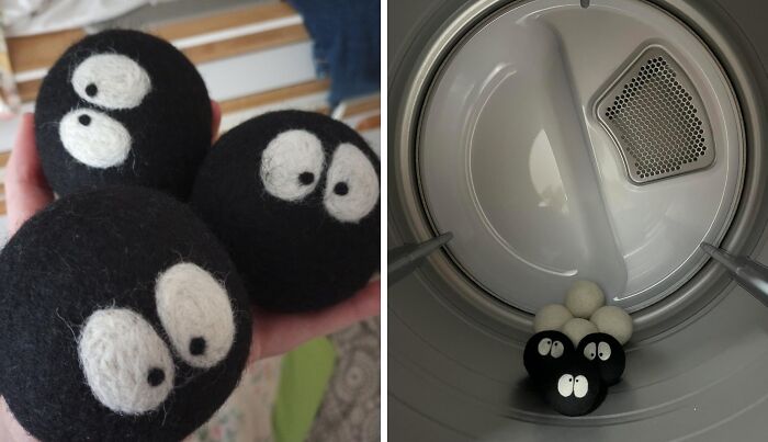 Wool dryer balls with eyes, held in hand and inside a dryer. Popular every home finds for laundry efficiency.