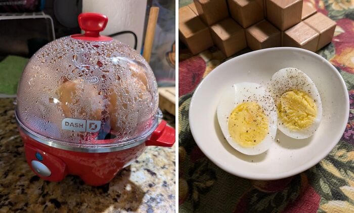 Egg cooker steaming on a countertop next to a bowl with sliced boiled eggs, showcasing practical home finds.