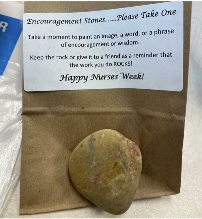 Encouragement stone with note for Nurses Week, showcasing humorous company gifts bonuses.