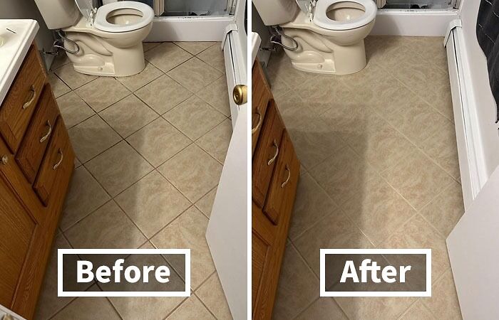 Before and after of bathroom floor cleaning, showing improved tile appearance among new bathroom products with 5-star reviews.