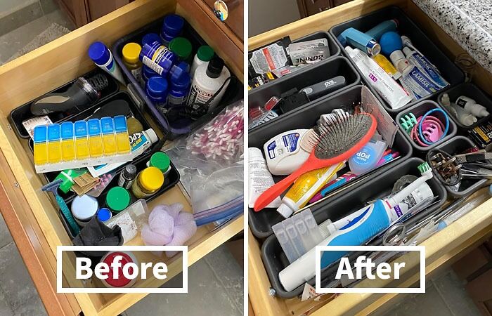 Before and after drawer organization with new bathroom products neatly arranged in trays.