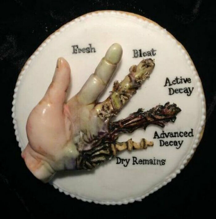 A true crime curiosity cake showing stages of decay, from fresh to dry remains, depicted on a realistic hand model.