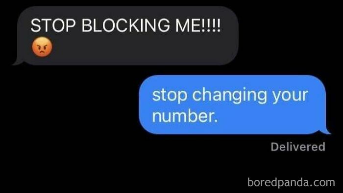 Text exchange showing frustration: one person accuses another of blocking; reply suggests frequent number changes.