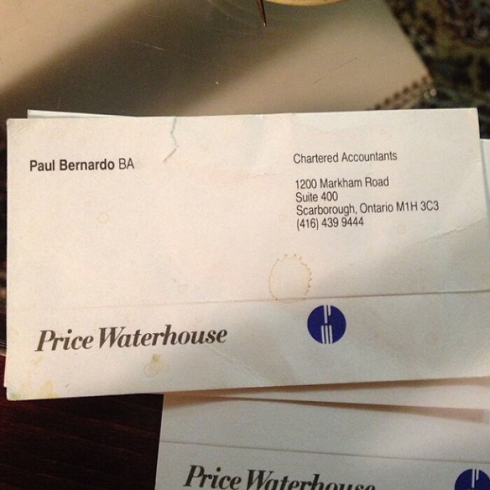 Business card with "Price Waterhouse," related to true crime stories and curiosities.