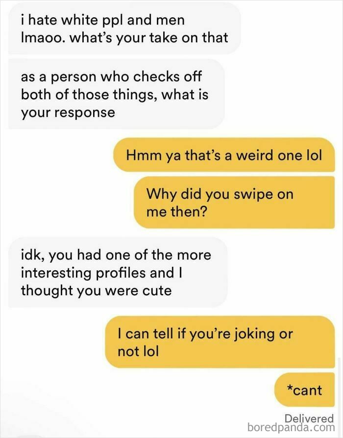 Text message conversation with humorous and awkward exchange about dating preferences.