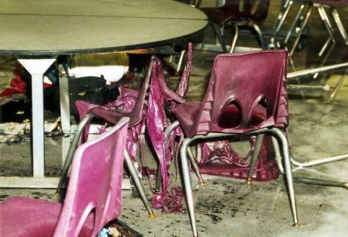 Melted purple chairs around a table, evoking chilling true crime scene curiosities.