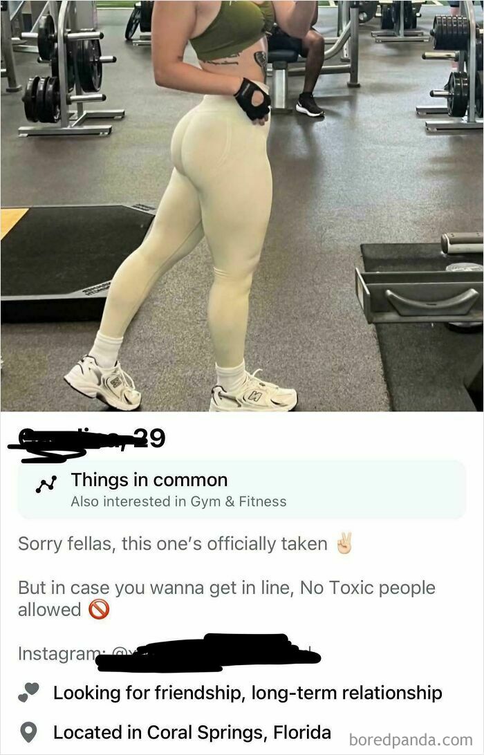 Woman in gym clothes posing next to a dating profile, highlighting fitness interests.