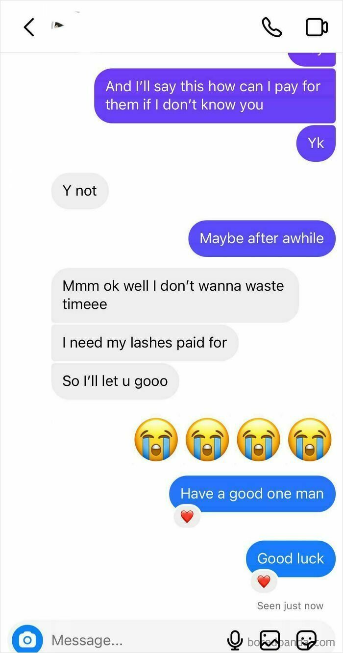 Text message conversation with someone requesting lash expenses, needing a reality check.